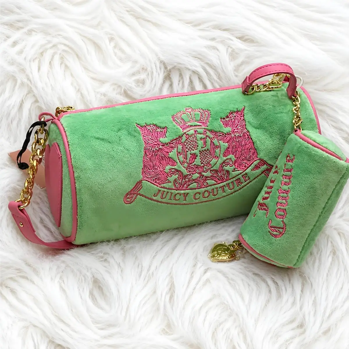 Juicy Couture Choose Scottie Dog Barrel Bag Set Retro Green Pink Velour Y2K Smal
