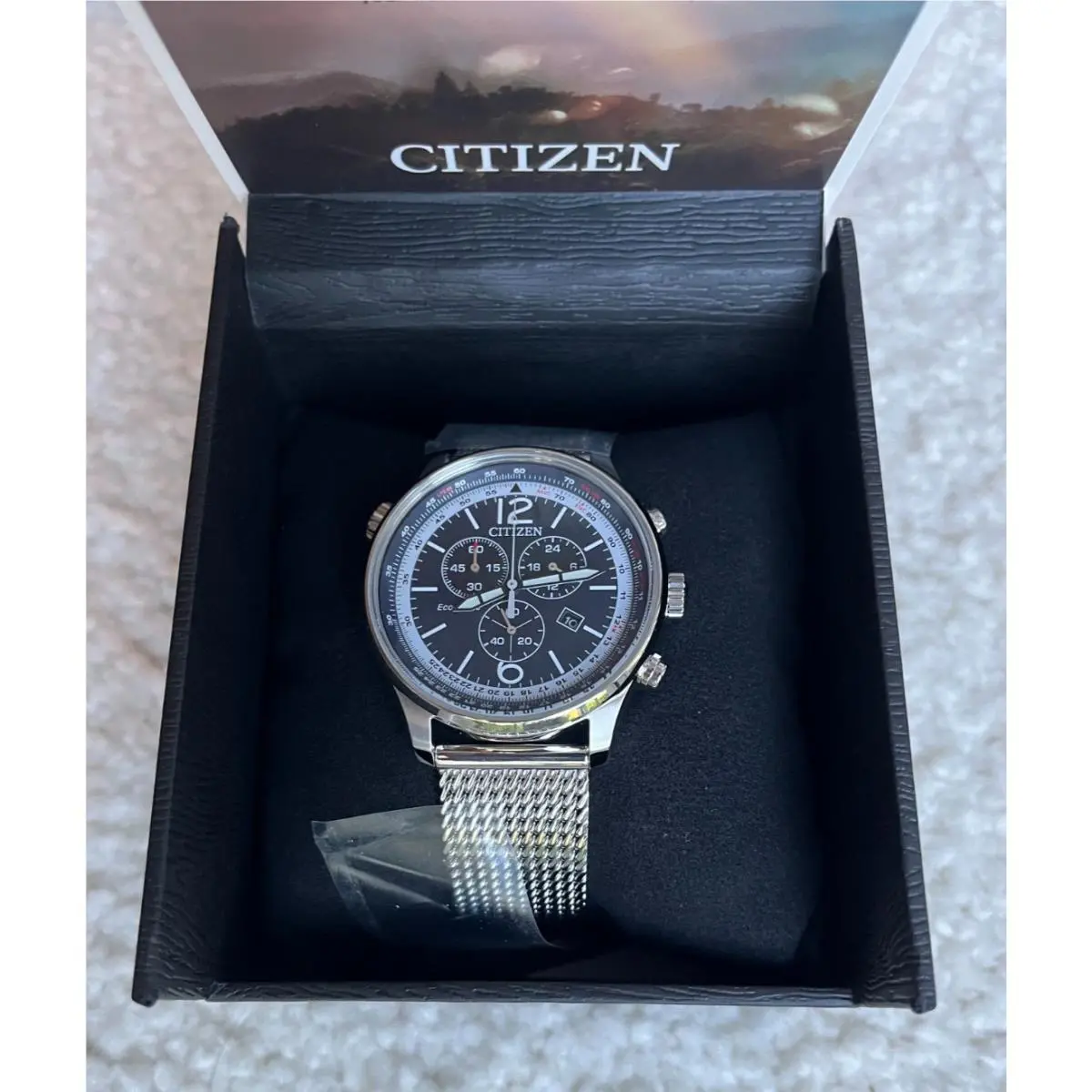 AT0361-81L Eco-drive 43mm Blue Dial Chronograph SS Mesh Band Men`s Watch by Citizen