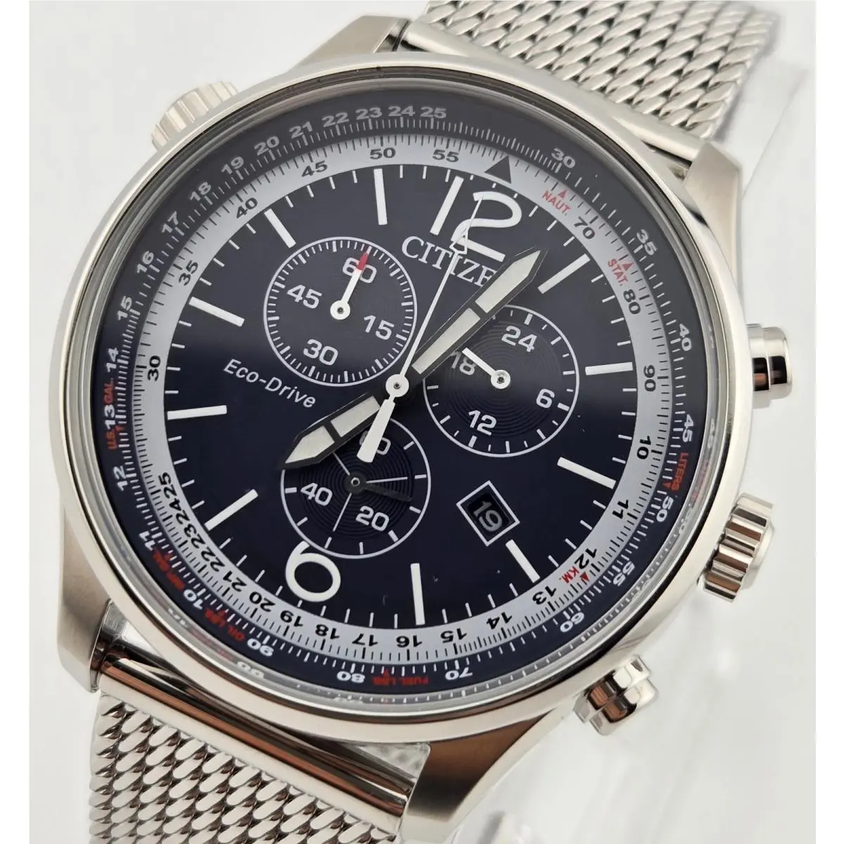 Citizen AT0361-81L Eco-drive 43mm Blue Dial Chronograph SS Mesh Band Men`s Watch