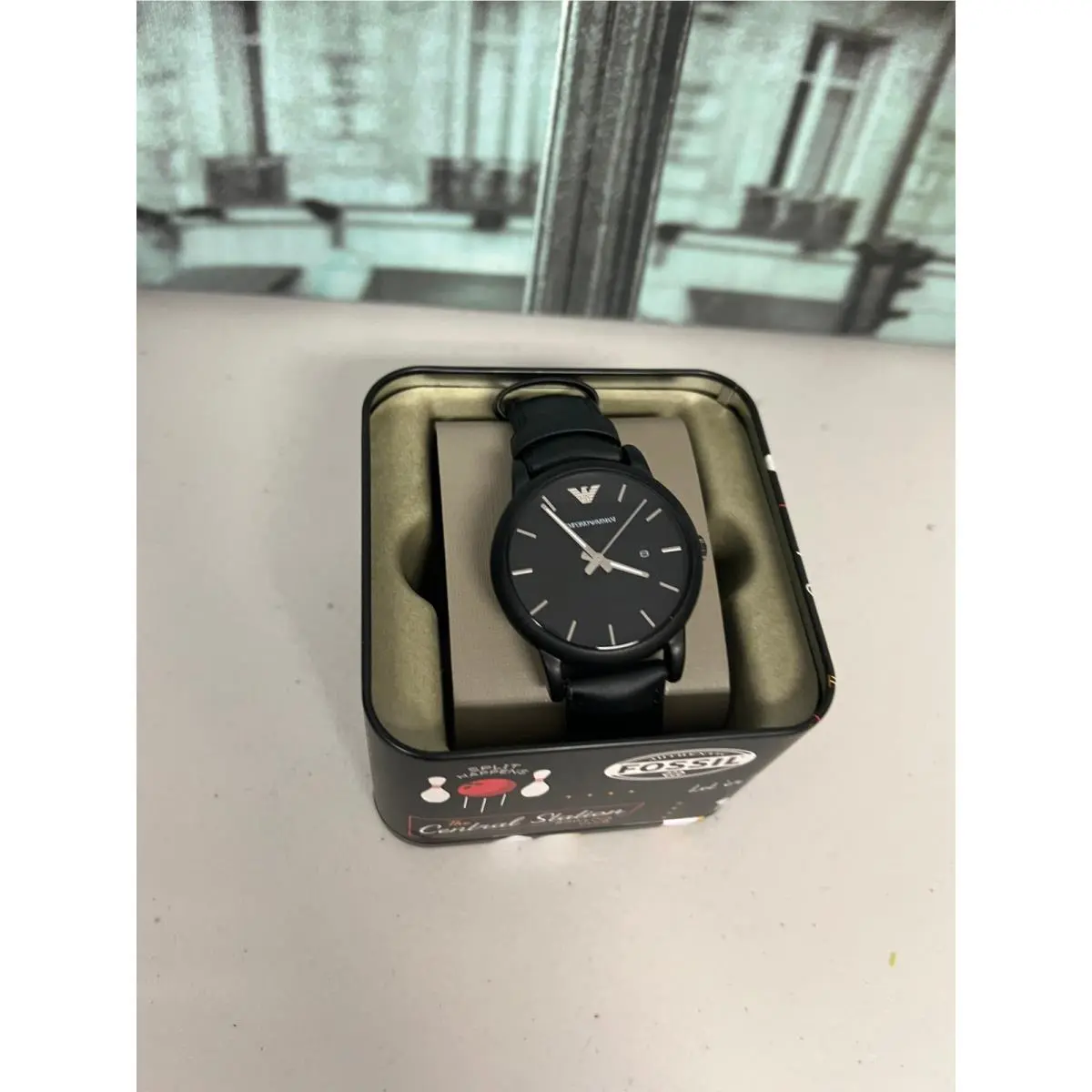 Emporio Armani AR1973 Mens Classic Black Leather and Silicone Strap Watch