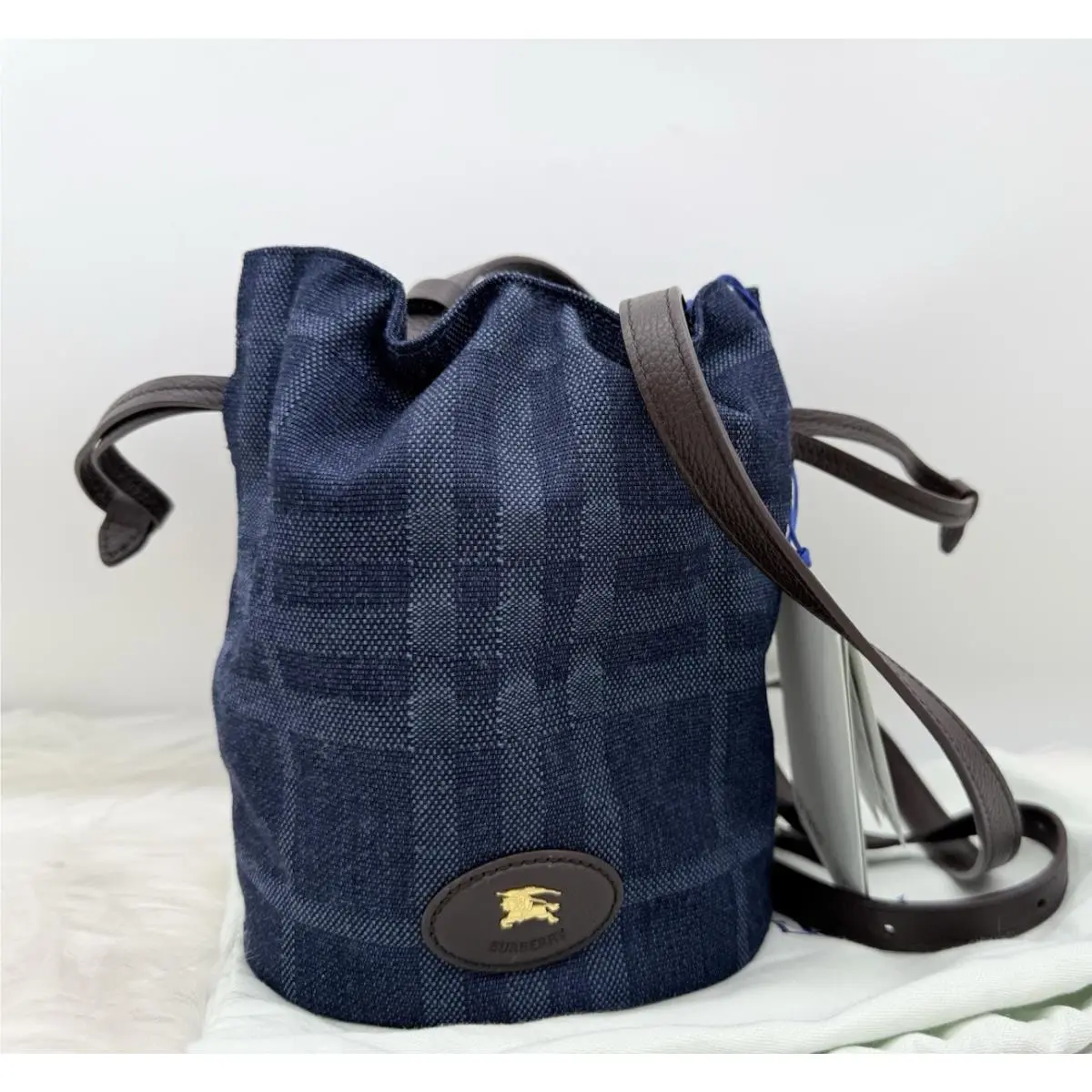 Burberry Horseshoe Mini Denim Check Pattern Drawstring Pouch Crossbody-blue