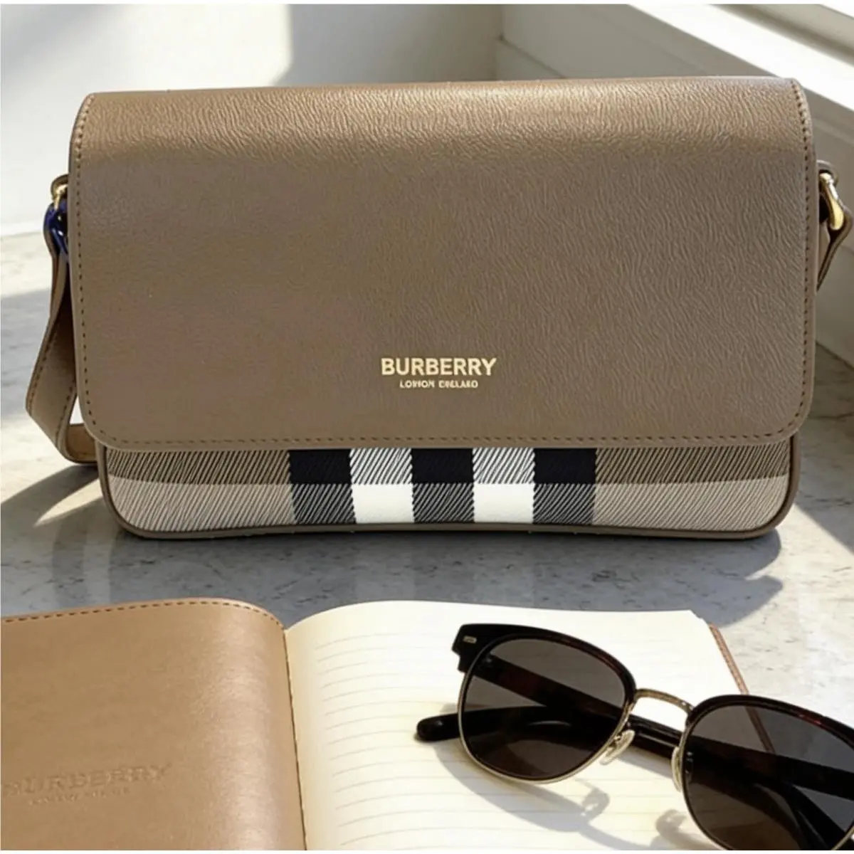 Burberry Hampshire Small Brown House Check Leather Crossbody Bag Reg 150