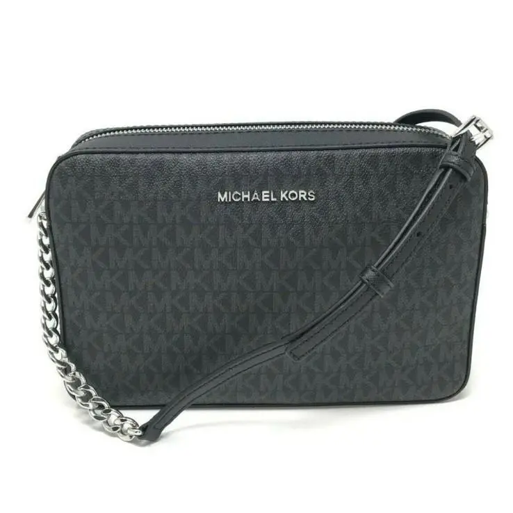 Michael Kors Jet Set East West Large Crossbody Black MK Signature Top Zip Bag