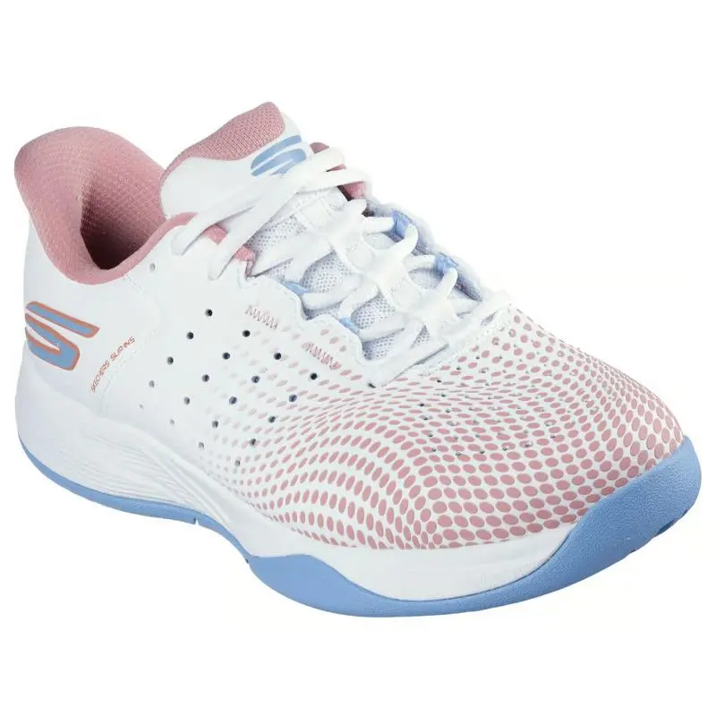 Womens Skechers Slip Ins Relaxed Fit Viper Court White Light Blue Mesh