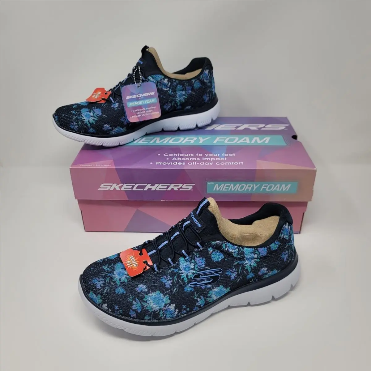 Skechers Summits Calm Harmony Navy Blue Floral Slip On Sneakers Memory Foam 7.5W