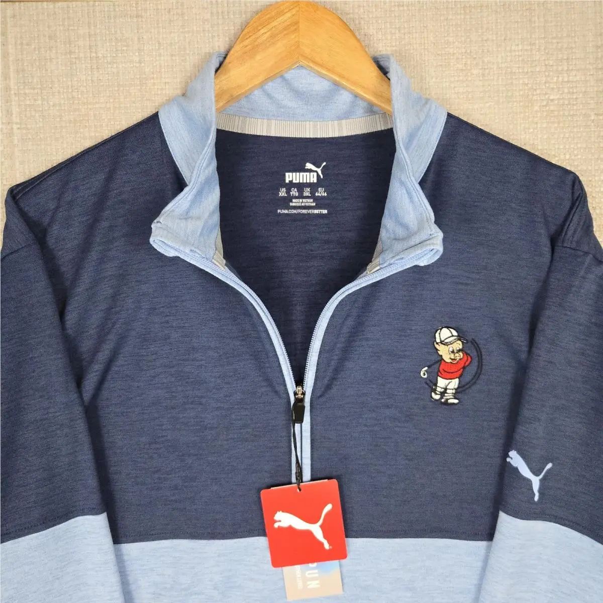 Puma clothing - mens 1/4 quarter Half 1/2 zip wind water golf casual jacket windbreaker pullover performance wind shirt polo long sleeve stretchy wicking chest length polyester spandex porky pig golf - Blue 9