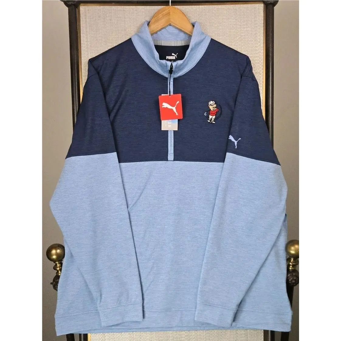 Puma clothing - mens 1/4 quarter Half 1/2 zip wind water golf casual jacket windbreaker pullover performance wind shirt polo long sleeve stretchy wicking chest length polyester spandex porky pig golf - Blue 0