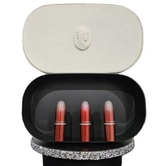 Mac Gift Set 3 Lipsticks Dubonnet Ruby Woo Brick O LA Mini Glitter Case