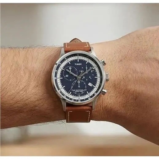 Timex Waterbury Classic Men`s Navy Blue Dial Chronograph Leather Watch TW2V30800