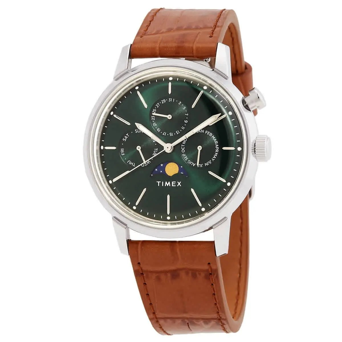 Timex Marlin Quartz Moon Phase Green Dial Men`s Watch TW2W51000VQ - Dial: Green, Band: Brown, Bezel: Silver-tone