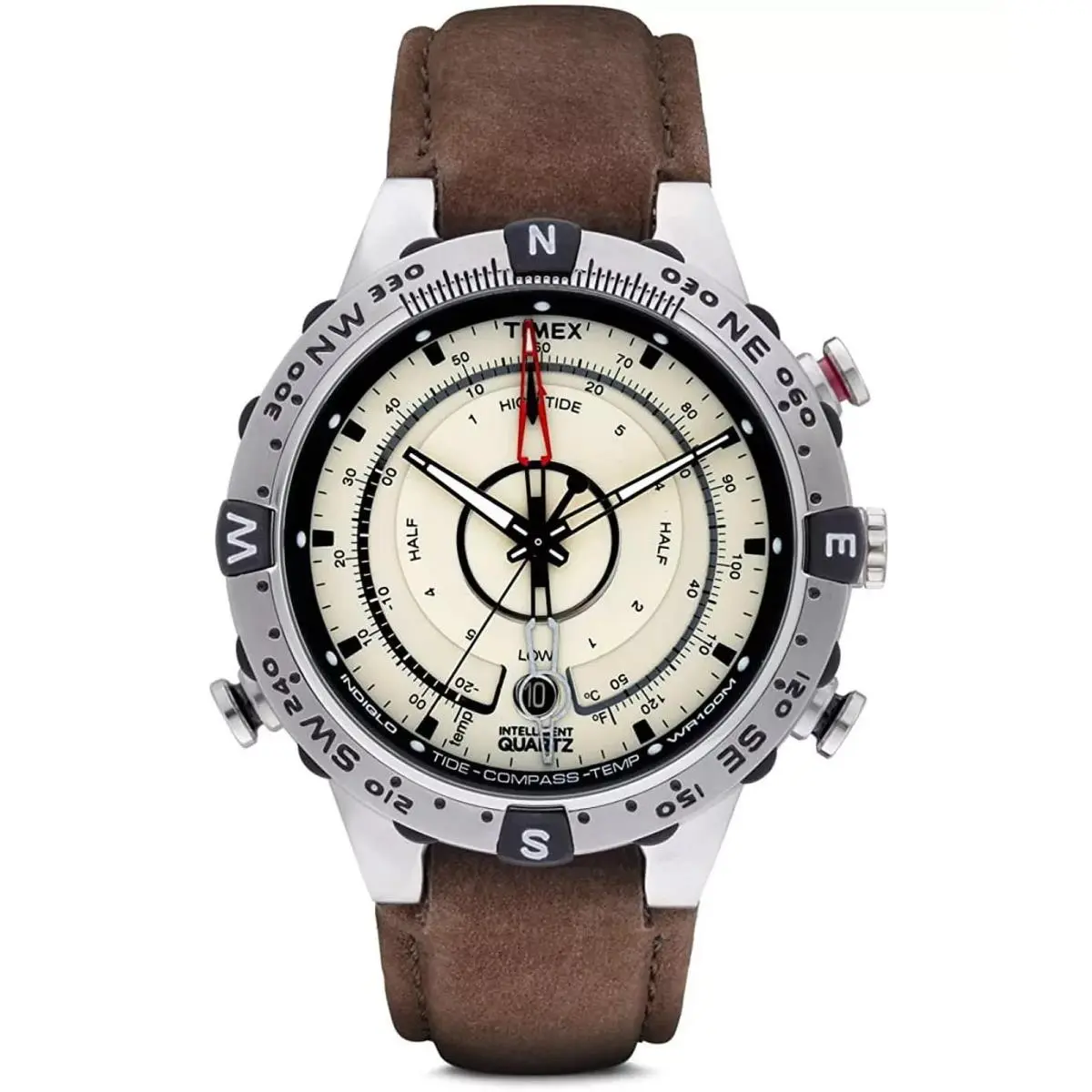 T2N721 Quartz Compass Tide Temperature Silver Case Brown Strap Watch by Timex