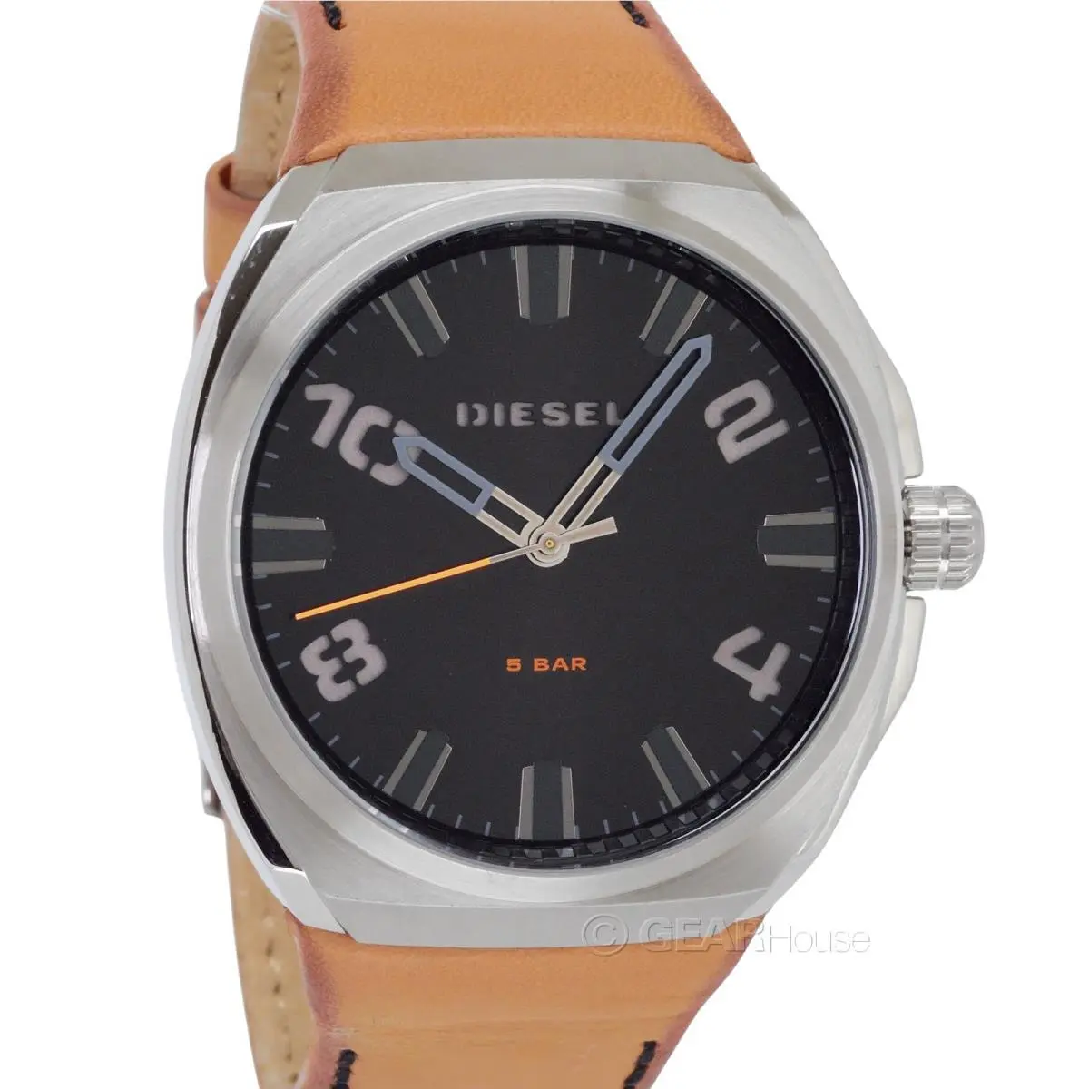Diesel Stigg Mens Oversized Watch Stainless Steel Black Dial Tan Leather Band
