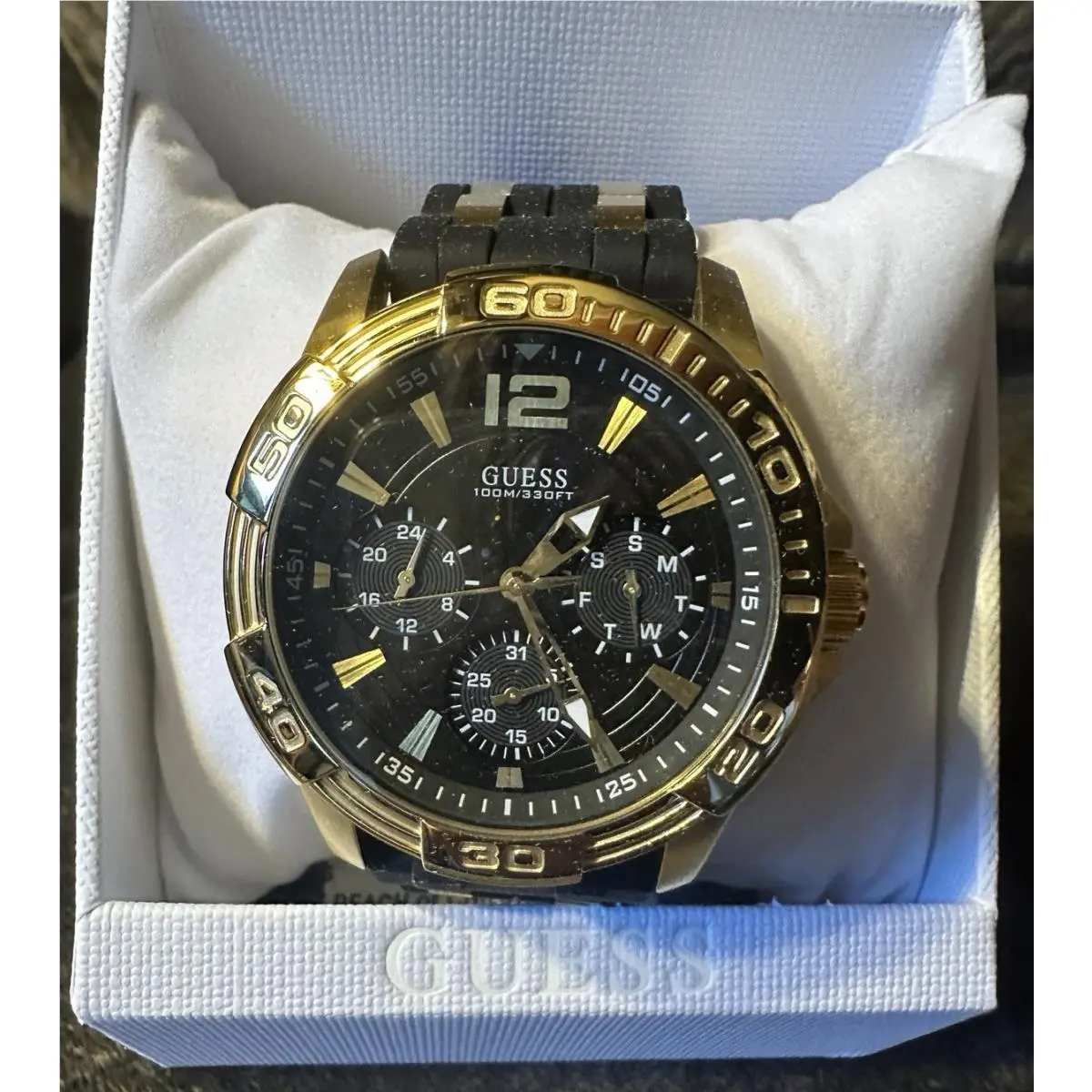 Guess Men`s Iconic Black Dial Gold Tone Silicone Band Analog Watch