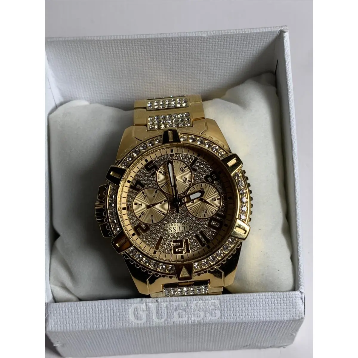 Guess Men`s Crystal Gold Tone Stainless Steel Bracelet Watch 46mm