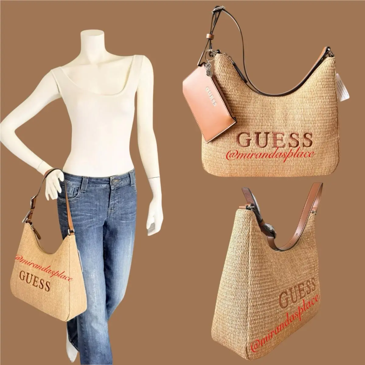 Guess Wells Woven Straw Natural Tan Shoulder Hobo Bag with Pouch