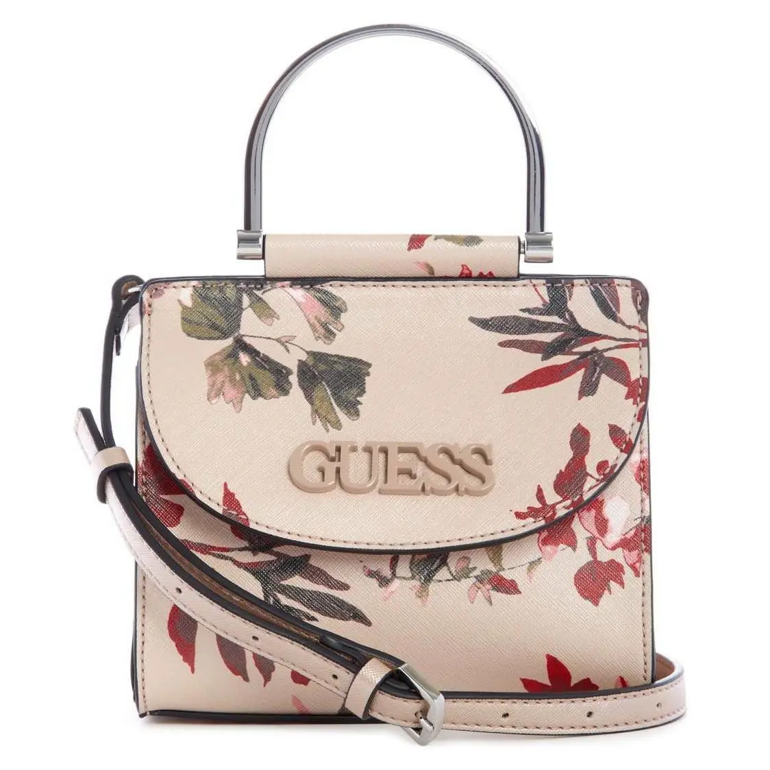 Guess Women`s Tubert Beige Red Floral Print Small Crossbody Bag Handbag