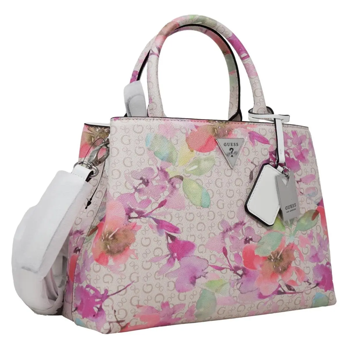 Guess Women`s Logo Pink Floral Print Charm Satchel Handbag Purse Crossbody