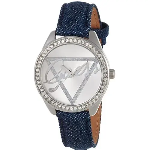 Guess Little Flirt Silver Gem-set 37mm Blue Demin Band Women`s Watch W0456L1