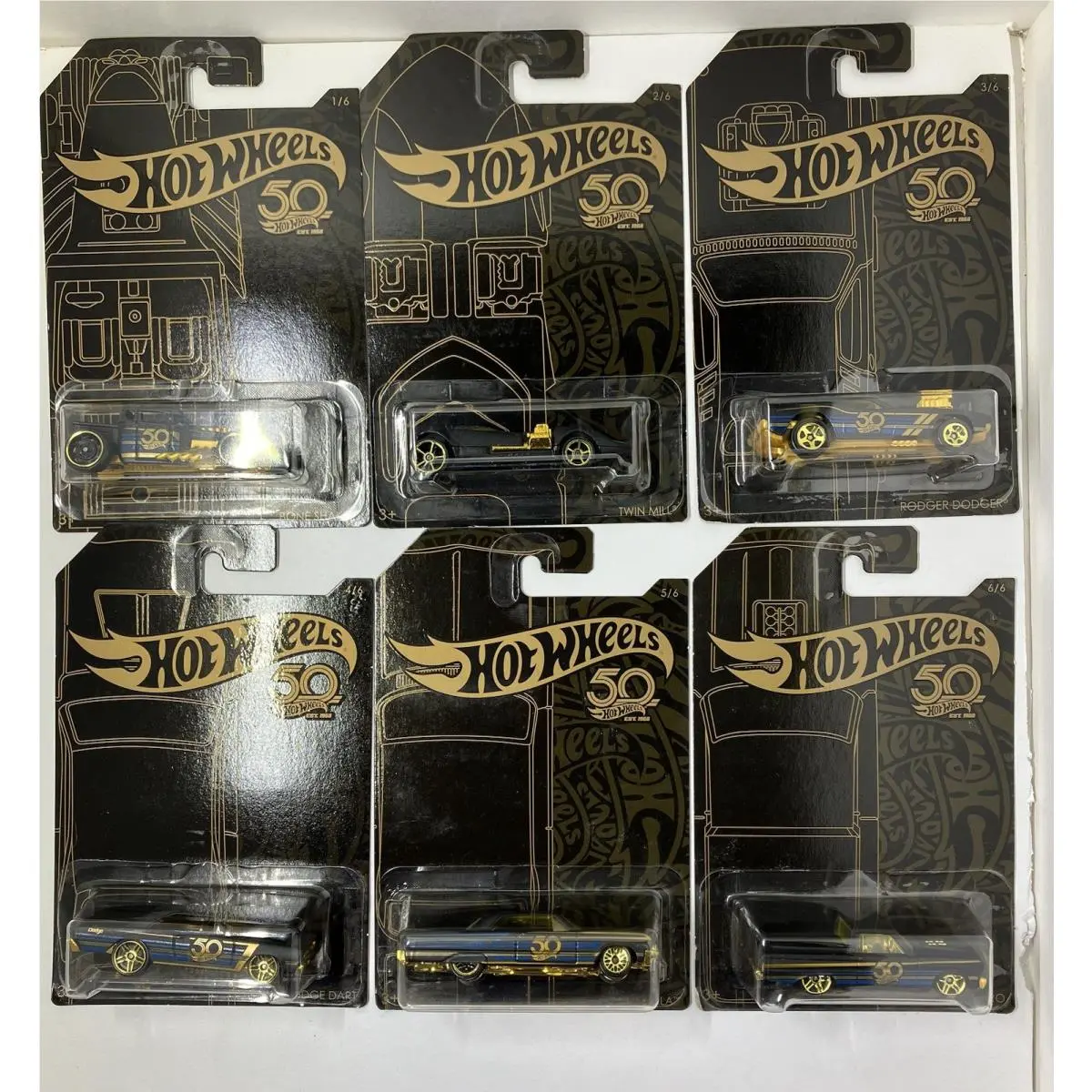 Hot Wheels 50th Anniversary Series Black and Gold Set of 6