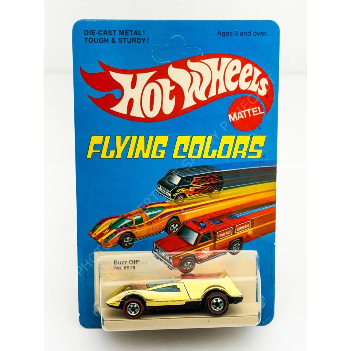 Hot Wheels Redline Buzz Off Gold Chrome Flying Colors in Blisterpack