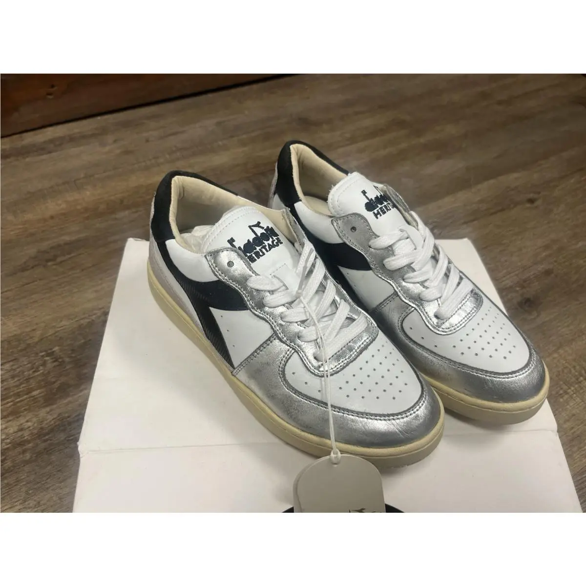 Diadora Mi Basket Low Metal White Silver Womens 6 Mens 4.5 Heritage