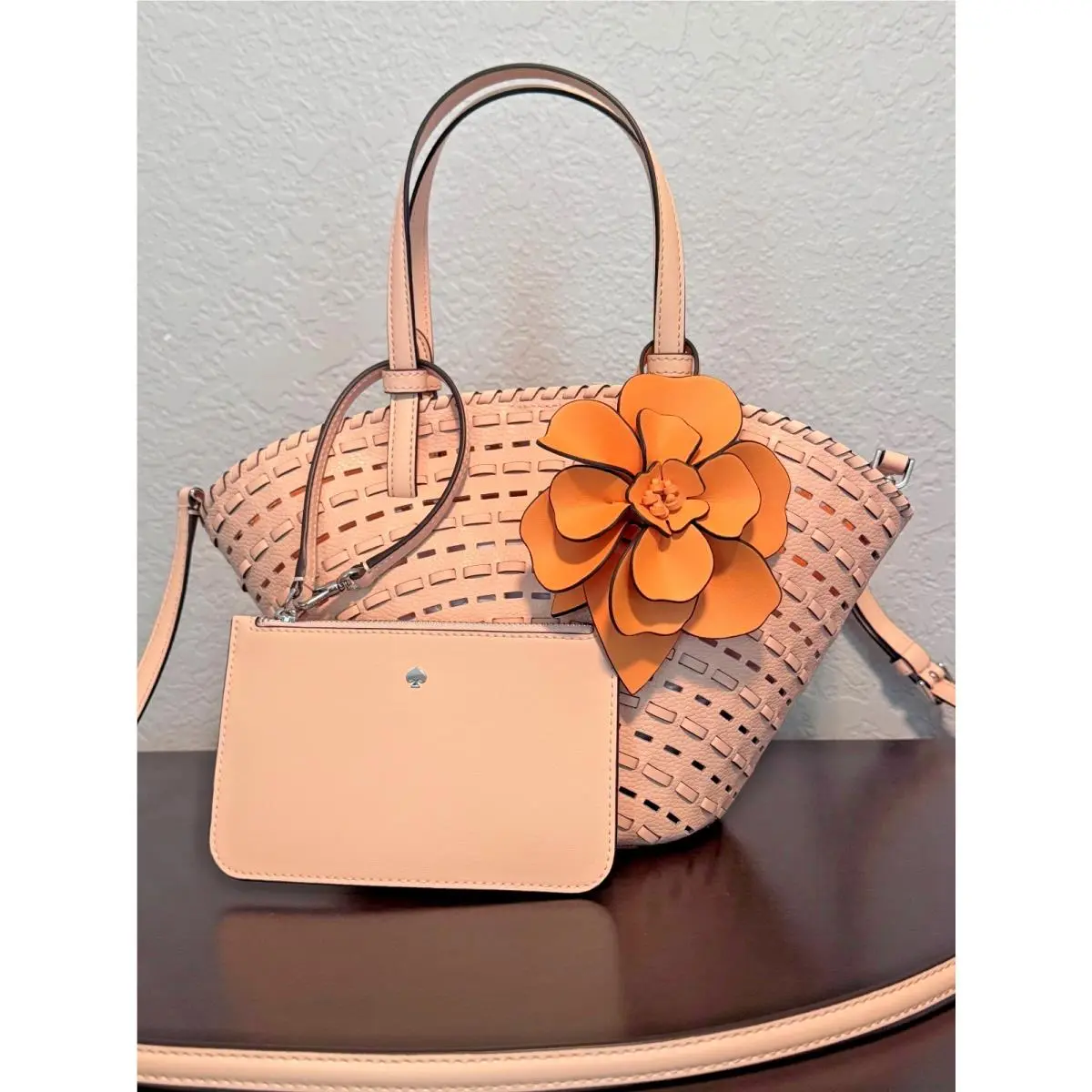 Dahlia Tote Bag Cutout Leather Floral Charm - Crisp Peach Crossbody by Kate Spade