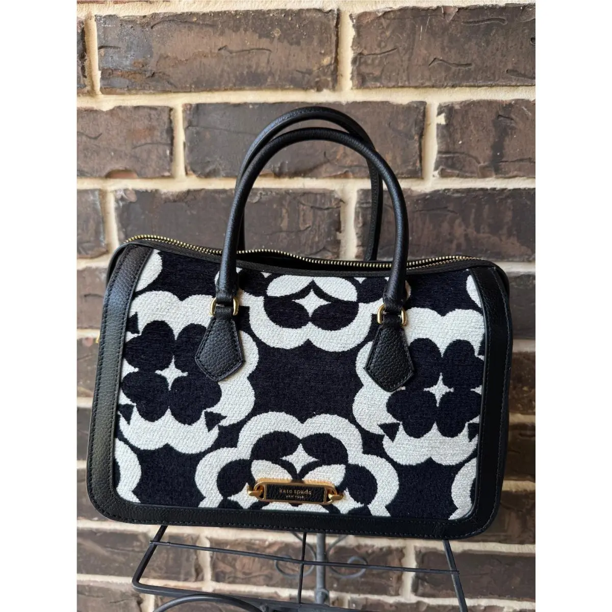 Kate Spade Gramercy Satchel Black White Flower Monogram Raffia Leather
