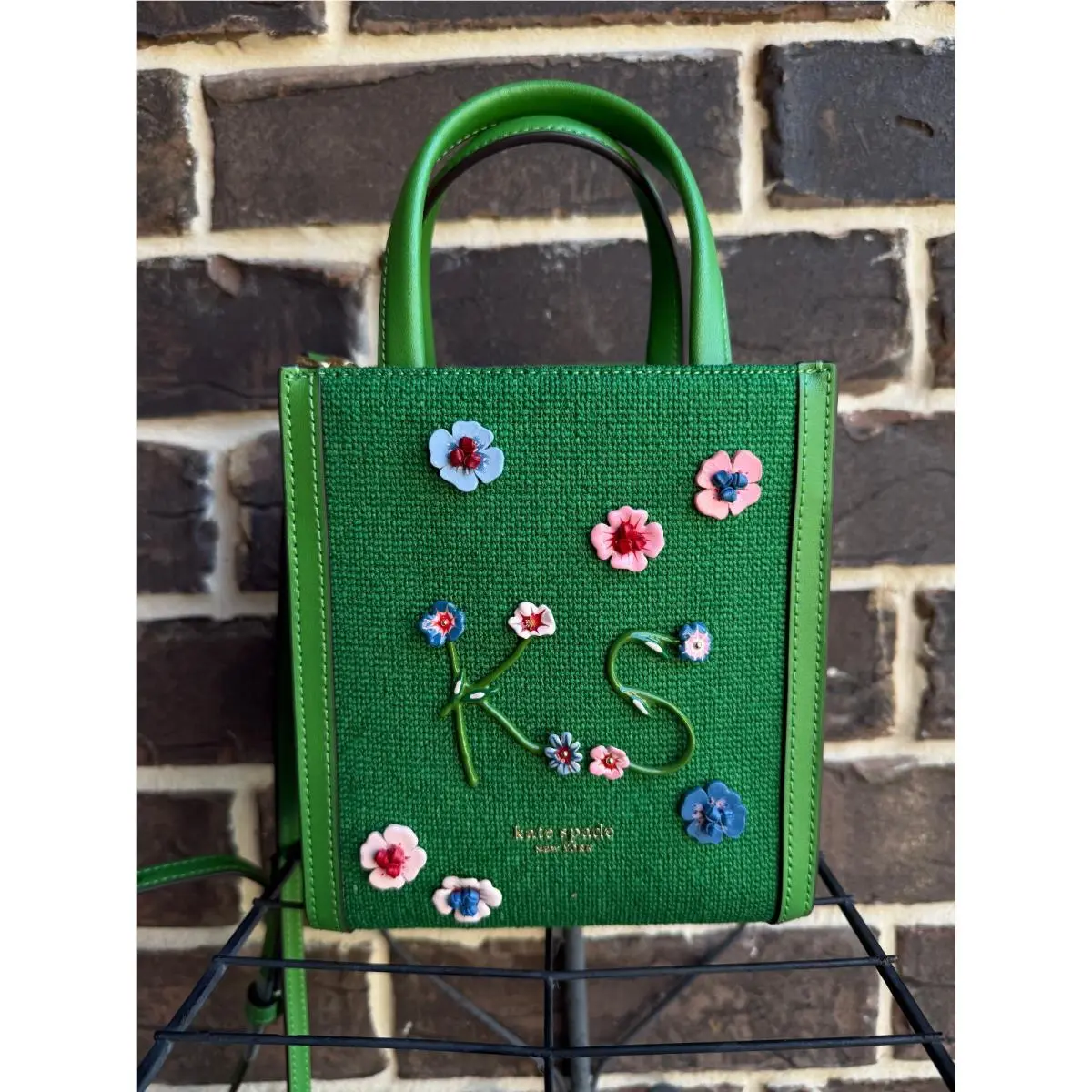 NWT$298  Manhattan Floral Appliqué Chenille Mini Tote Watercress Green by Kate Spade