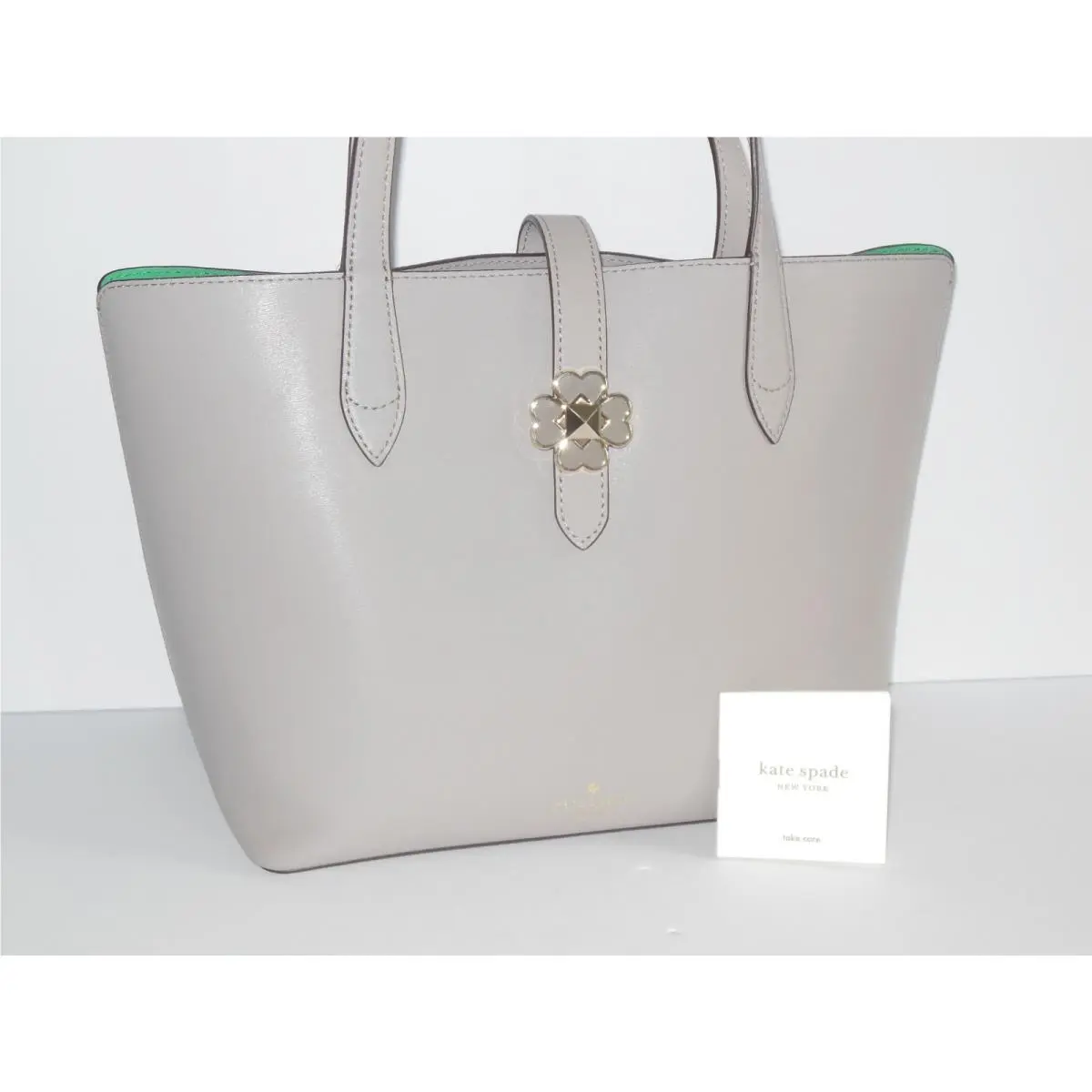 Kate Spade New Kaci Leather Tote Soft Taupe Silver Clover Flap Shoulder Bag