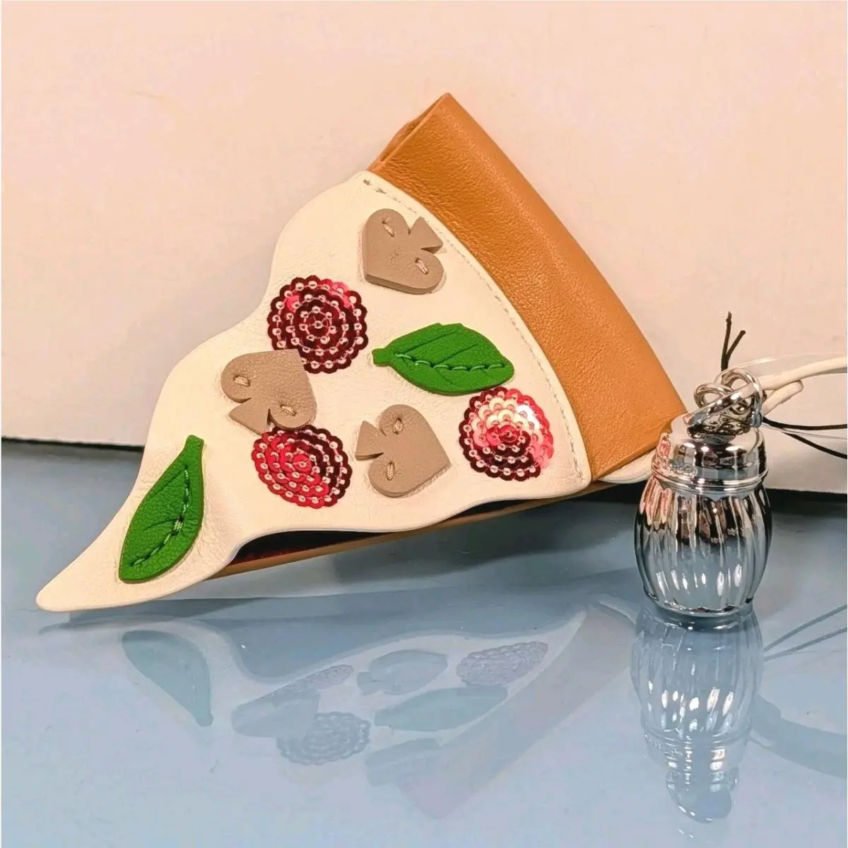 Kate Spade New York Pizza Slice Leather Key Fob Silver Parmesan Shaker Bag Charm