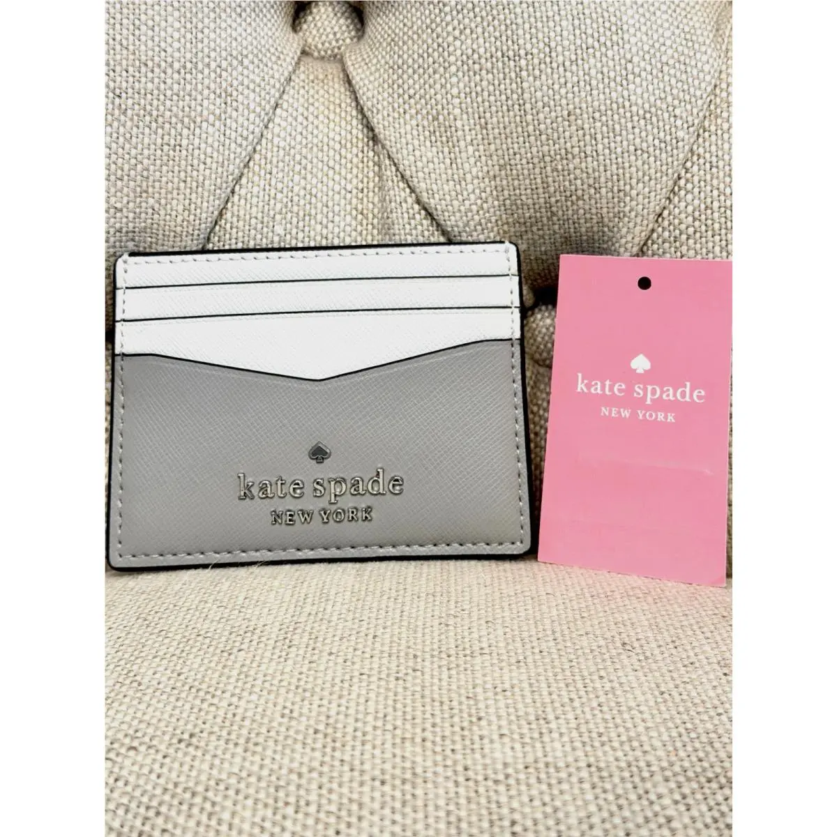 New Kate Spade Card Holder Case Staci Small Slim Colorblock Saffiano White Gray