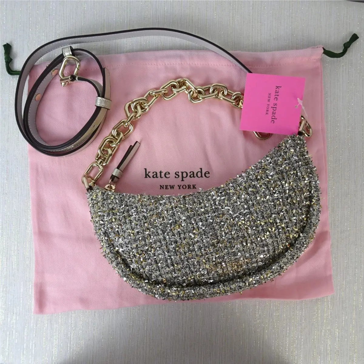 Kate Spade Smile Half Moon Crossbody Bag Small Metallic Tweed Silver Convertible
