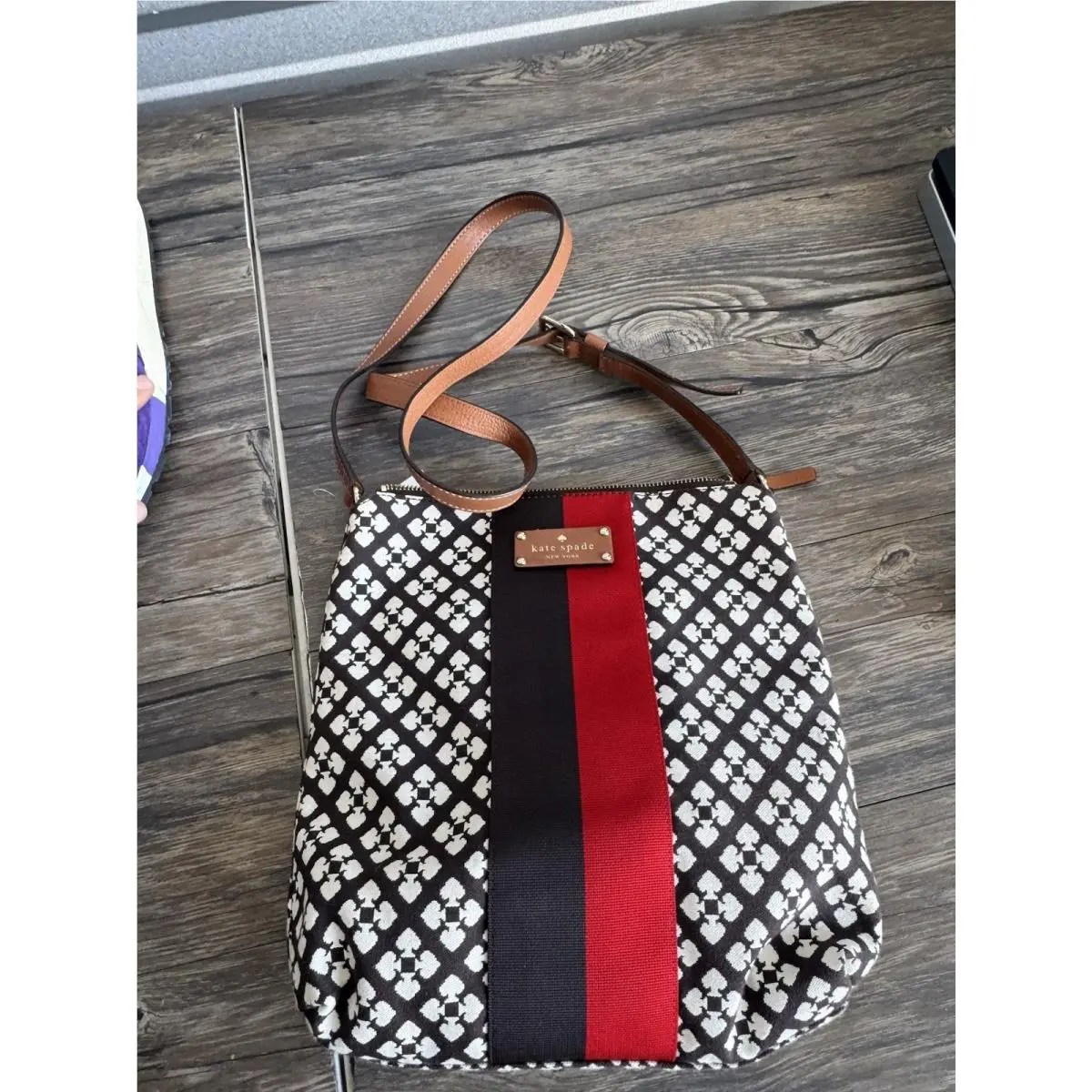 Kate Spade Classic Chocolate Victoria Red Signature Canvas Crossbody Handbag