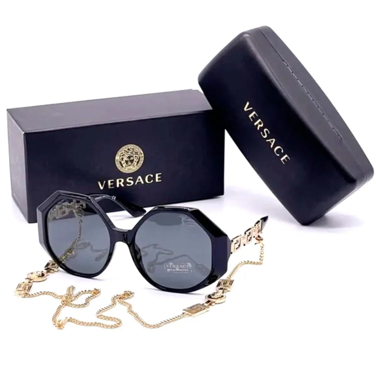 Mod. 4395 5345/87 Black Oversized Sunglasses W/detachable Gold Cha by Versace