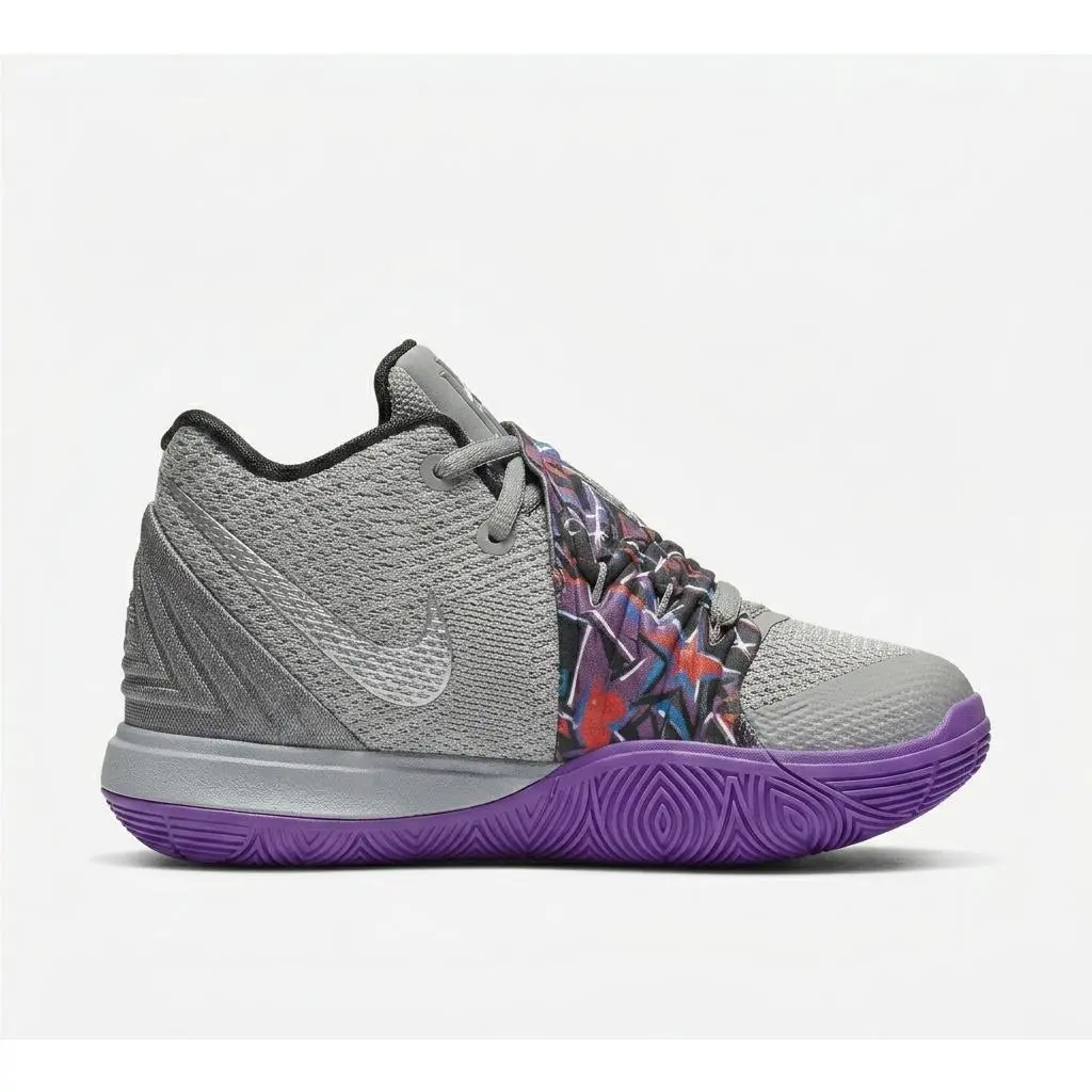 Nike Kyrie 5 TD Graffiti Toddler Basketball Shoes Grey Purple Strap AQ2459-001
