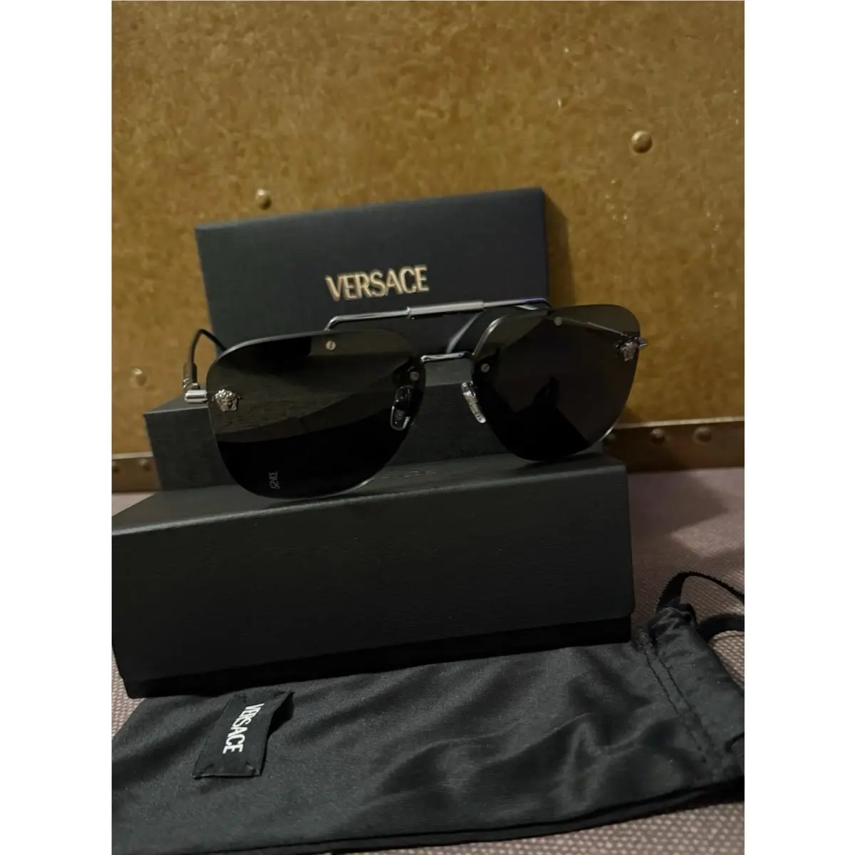 Versace VE2296 Rimless Pilot Sunglasses Gunmetal Grey Medusa 60-14-145 Box