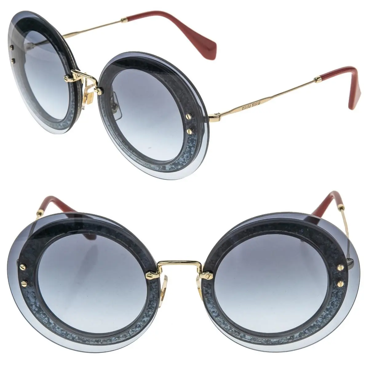 Miu Miu Reveal 10R Gold Blue Glitter Oversized Round Sunglasses MU10RS 10RS