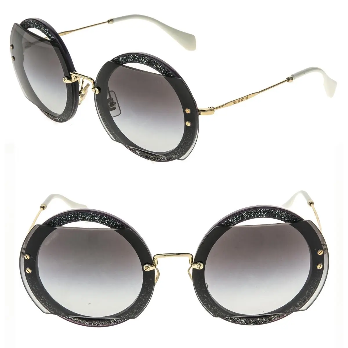 Miu Miu 06S Reveal Glitter Black Gold Crystal Pave Round Sunglasses MU06SS 06SS