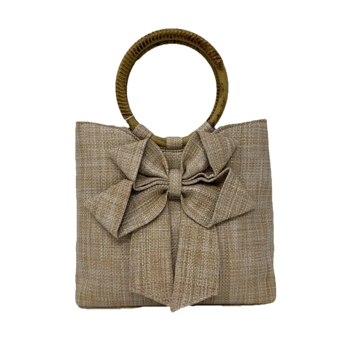 Neutral Beige Bow Straw Tote with Bamboo Ring Handles Tommy Bahama Summer