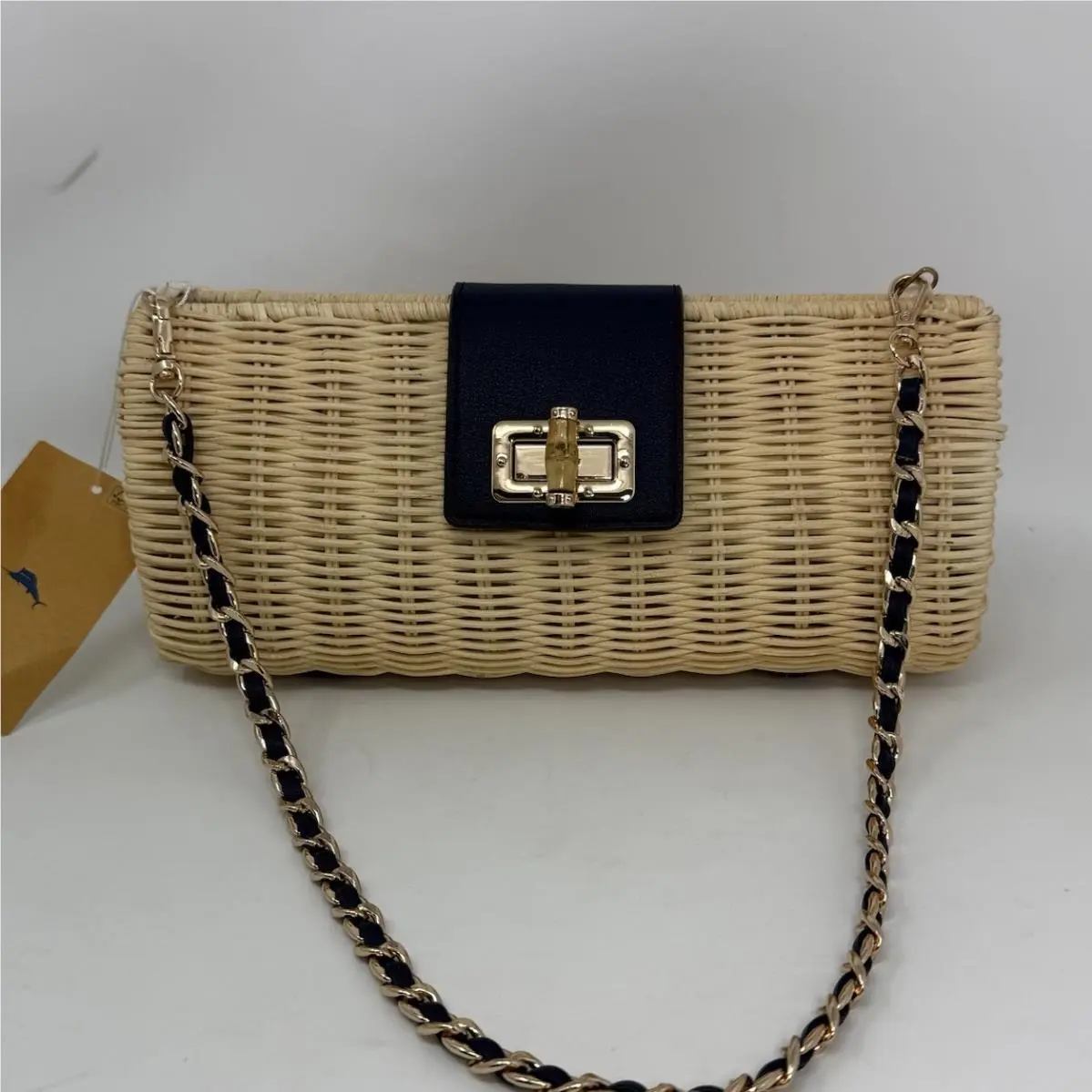 Tommy Bahama Wicker Shoulder Bag Clutch Handbag Purse Tan Navy Summer