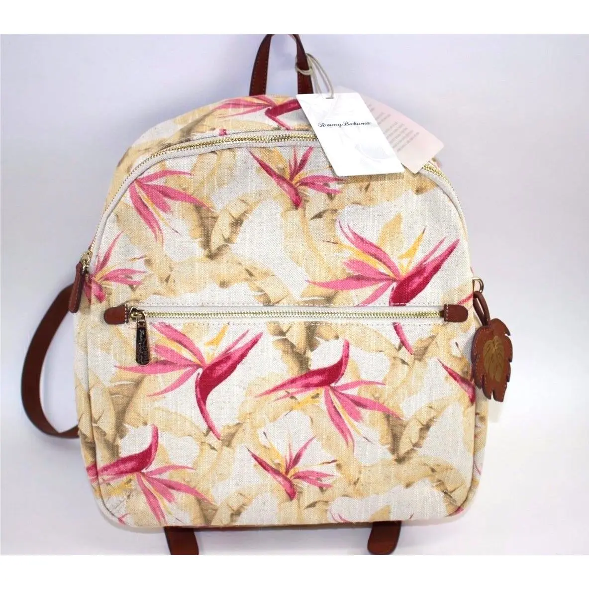 Tommy Bahama Backpack Birds of Paradise Linen Blend Leather Trim Dest