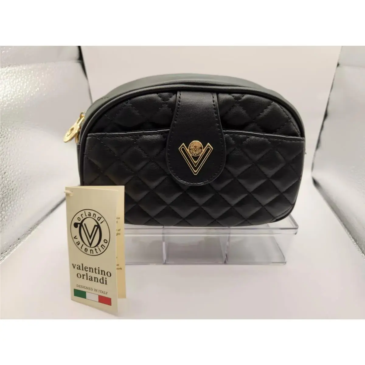 Valentino Orlandi Quilted “v” Gold Tone Logo Camera Crossbody Shoulder Bag