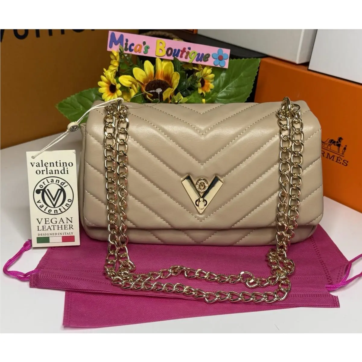 🆕valentino Orlandi Quilted Handbag with Gold Chain Purse Vegan