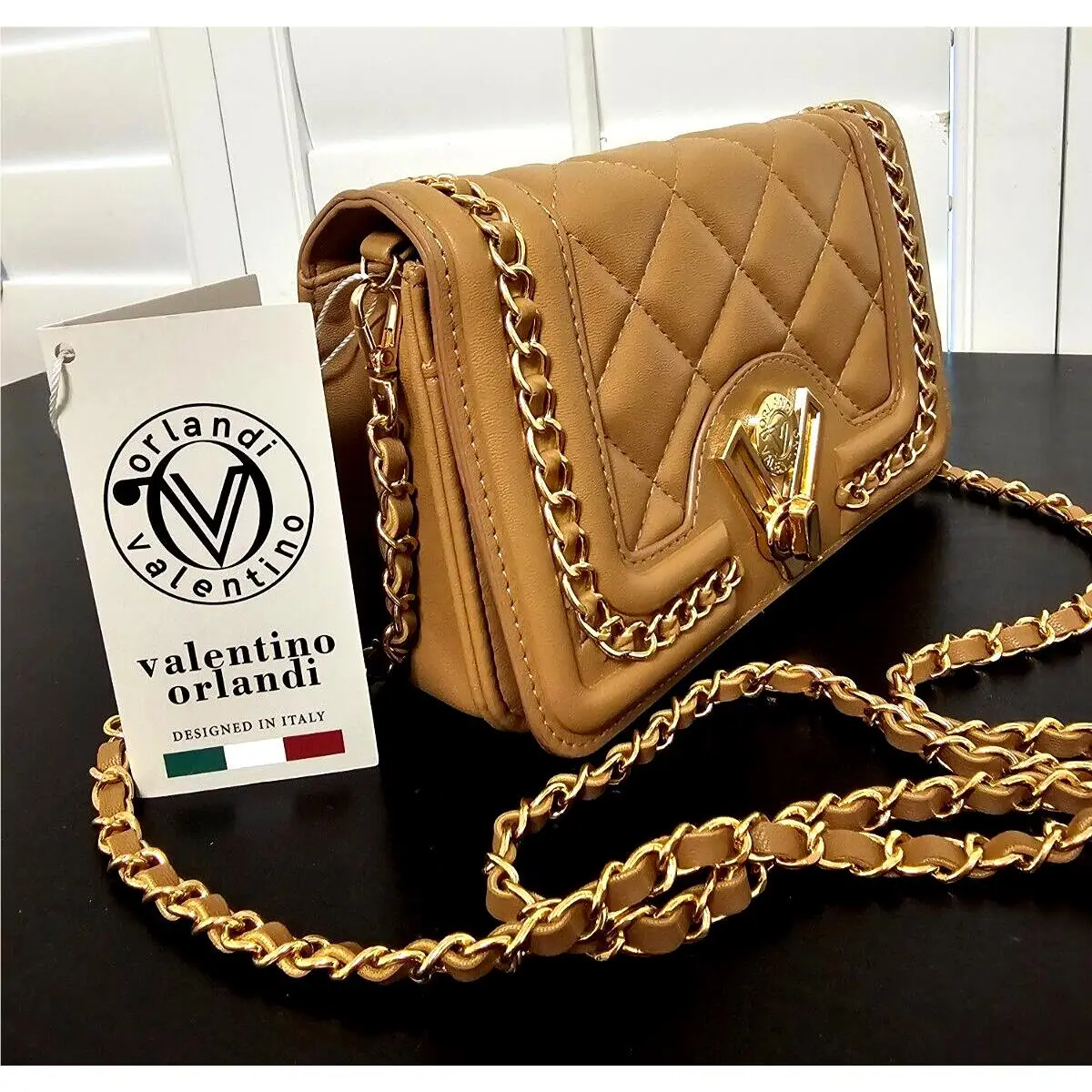 Valentino Orlandi Taupe Gold Chain Accent Purse Crossbody Designed in Italy
