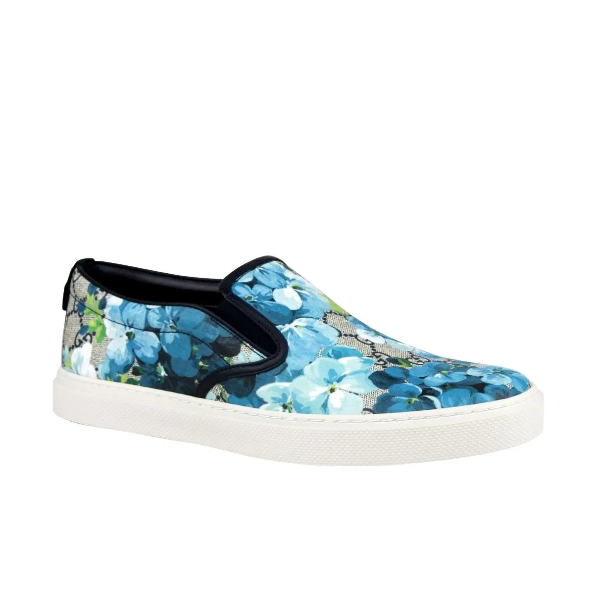 Gucci Men`s Bloom Flower Print Blue GG Supreme Coated Canvas Slip Sneakers