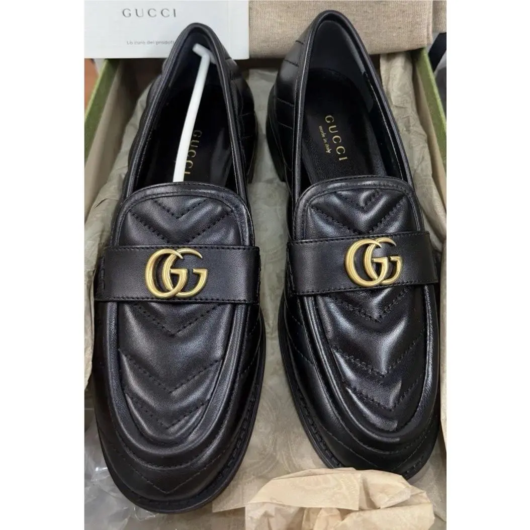 Gucci Black Nappa Charlotte Moccasin Leather Loafers Size 34 IT