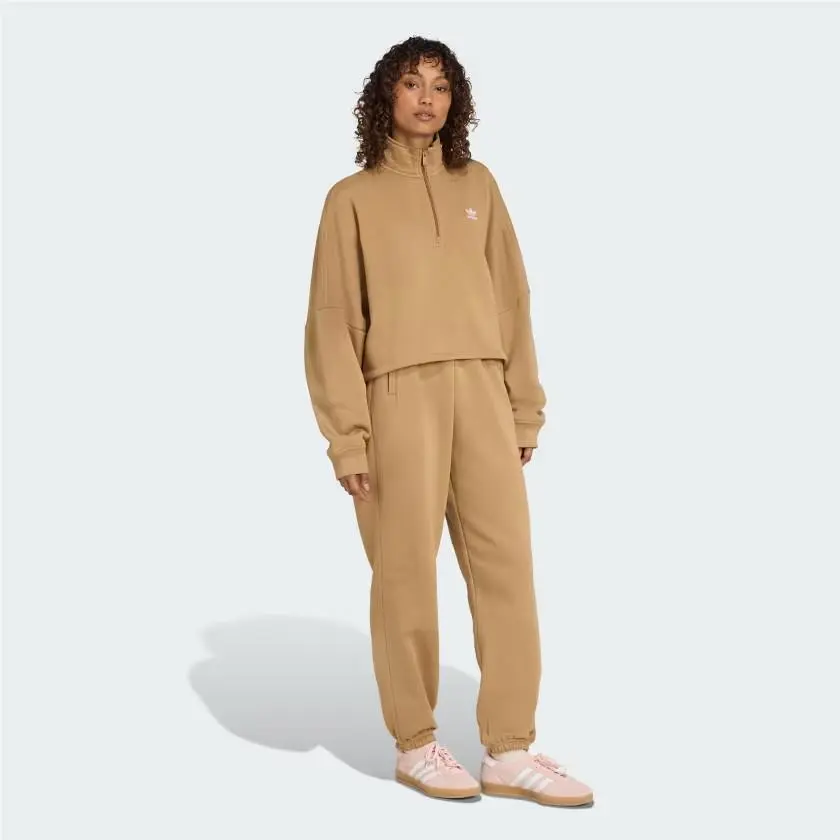 Adidas Set Women Trefoil Essentials 1/2 Zip Fleece Sweatshirt Joggers Tan sz S