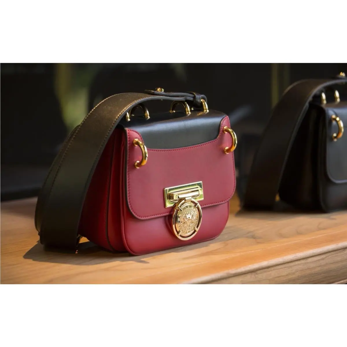 Balmain Renaissance 18 Two-tone Red Leather Crossbody Bag w/ Gold Medallion