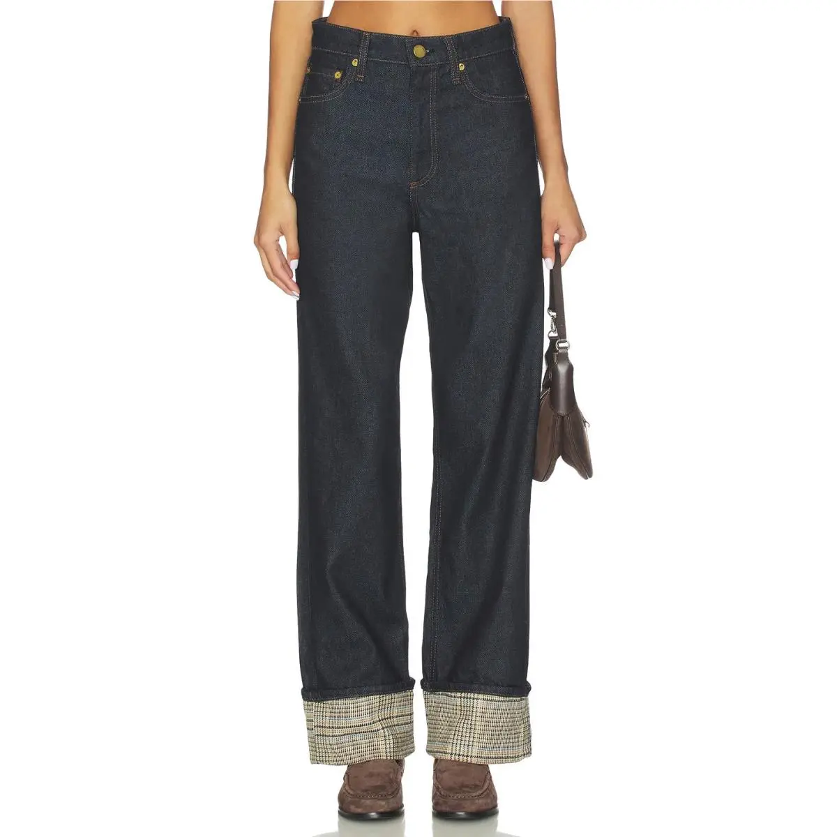 Rag Bone Shea in Twilight Rinse Relaxed Straight Ankle Plaid Cuff Jeans 26