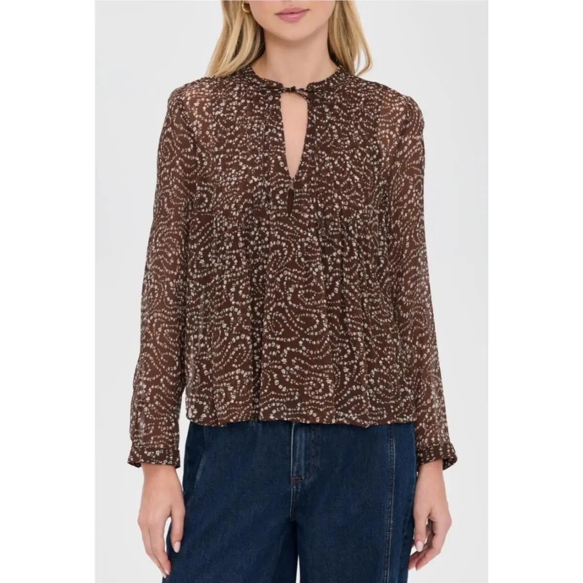 Rag Bone S Small Amaris Womens Blouse Brown Floral Chiffon Tie Neck Top